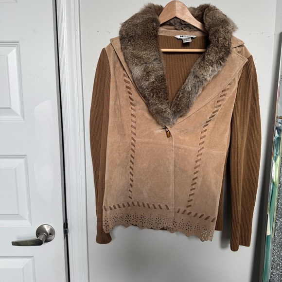 Vintage Brown Suede Jacket with Rabbit Fur Collar western prairie L - Picture 3 of 8